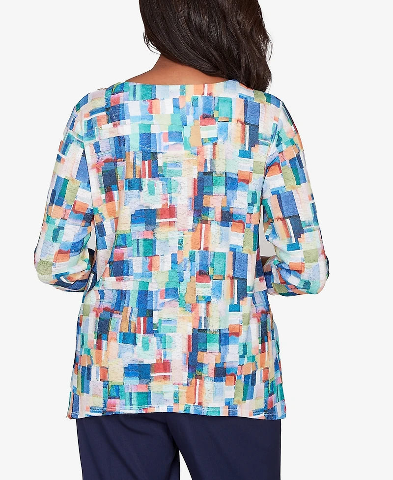 Alfred Dunner Women's Saratoga Springs Tile Print Colorblock Textured Top