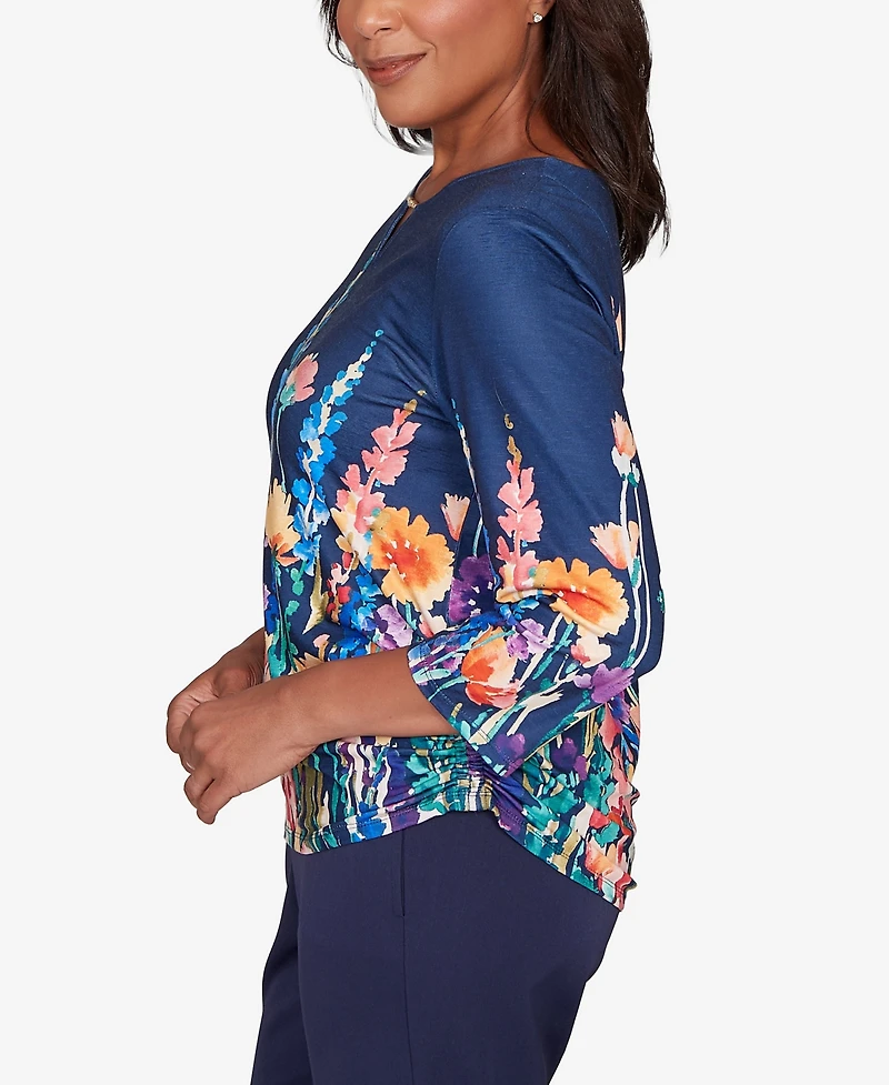 Alfred Dunner Women's Saratoga Springs Vertical Floral Border Knit Top