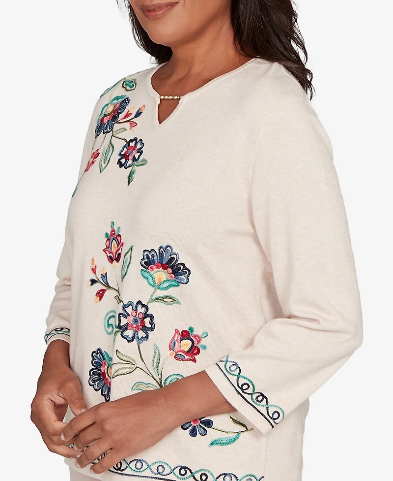 Alfred Dunner Women's Saratoga Springs Embroidered Floral Three-Quarter Sleeve Sweater