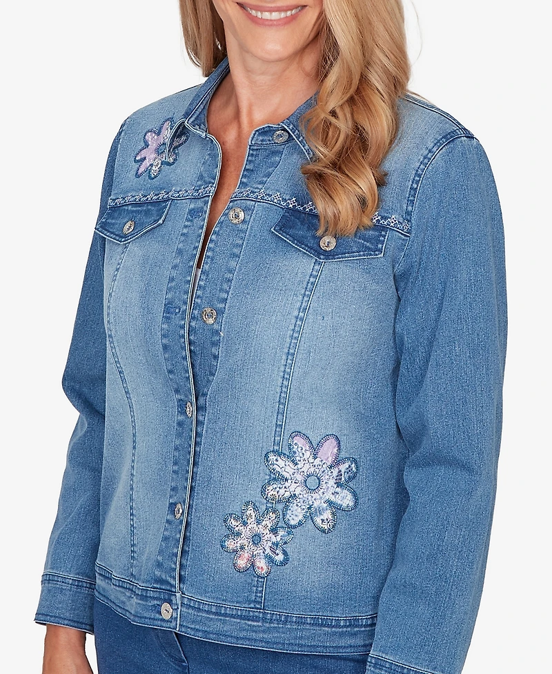 Alfred Dunner Women's Hilton Head Floral Applique Detail Light Denim Jacket