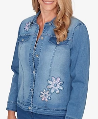Alfred Dunner Women's Hilton Head Floral Applique Detail Light Denim Jacket