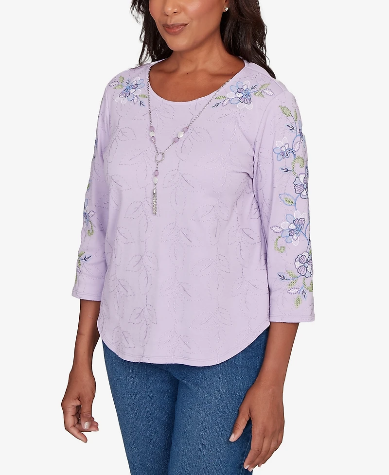 Alfred Dunner Women's Hilton Head Embroidered Sleeve Textured Top with Necklace