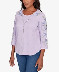 Alfred Dunner Women's Hilton Head Embroidered Sleeve Textured Top with Necklace