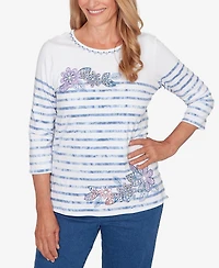 Alfred Dunner Women's Hilton Head Applique Flower Tie Dye Stripe Knit Top