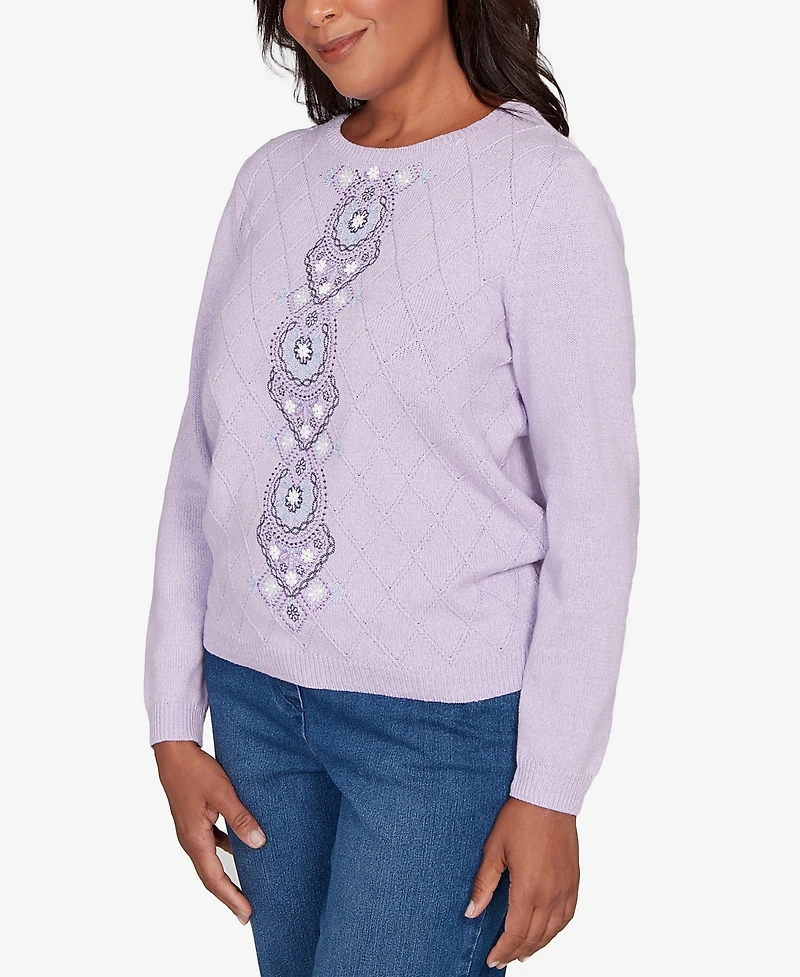 Alfred Dunner Women's Hilton Head Center Embroidery Accent Sweater