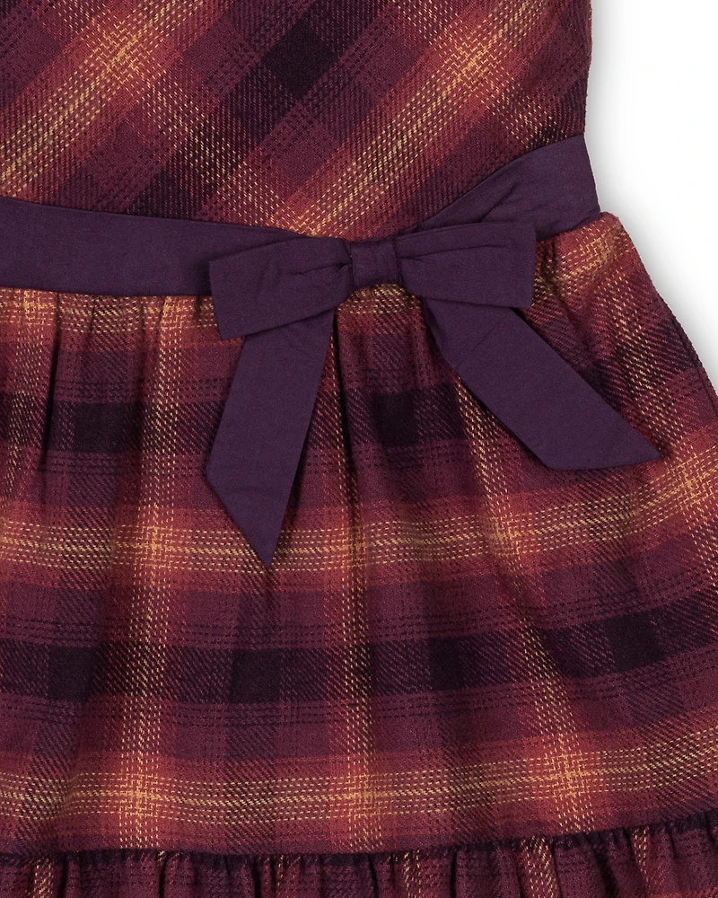 Hope & Henry Big Girls Organic Puff Sleeve Tiered Flannel Dress with Sash