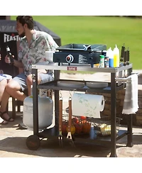 Three Shelf Movable Food Prep and Work Cart Table Home and Outdoor Table Top Worktable on Two Wheels