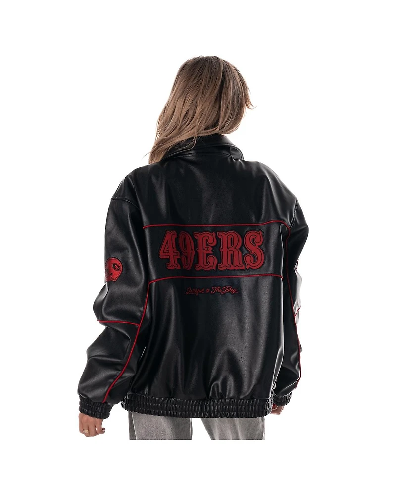 The Wild Collective Women's Black San Francisco 49ers Faux Leather Full-Snap Racing Jacket