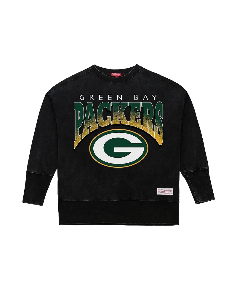 Mitchell & Ness Women's Black Green Bay Packers Delineate Mineral Wash Crewneck Sweatshirt