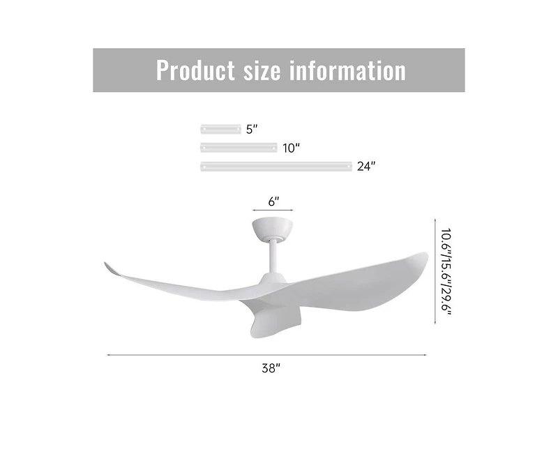 38-inch Modern White 3-Blade without Light Ceiling Fan with Six Speed Remote Control and Timing Function for Indoor