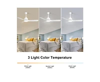 54-inch Modern Minimalist White 3-Blade Ceiling Fan with Led Light Remote Control Supports 6 Speeds and Timer Function