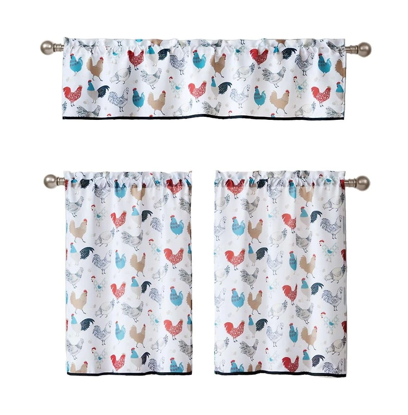 Kate Aurora 3 Piece Cafe Rod Pocket Autumn Country Rooster Kitchen Curtain Tier & Valance Set
