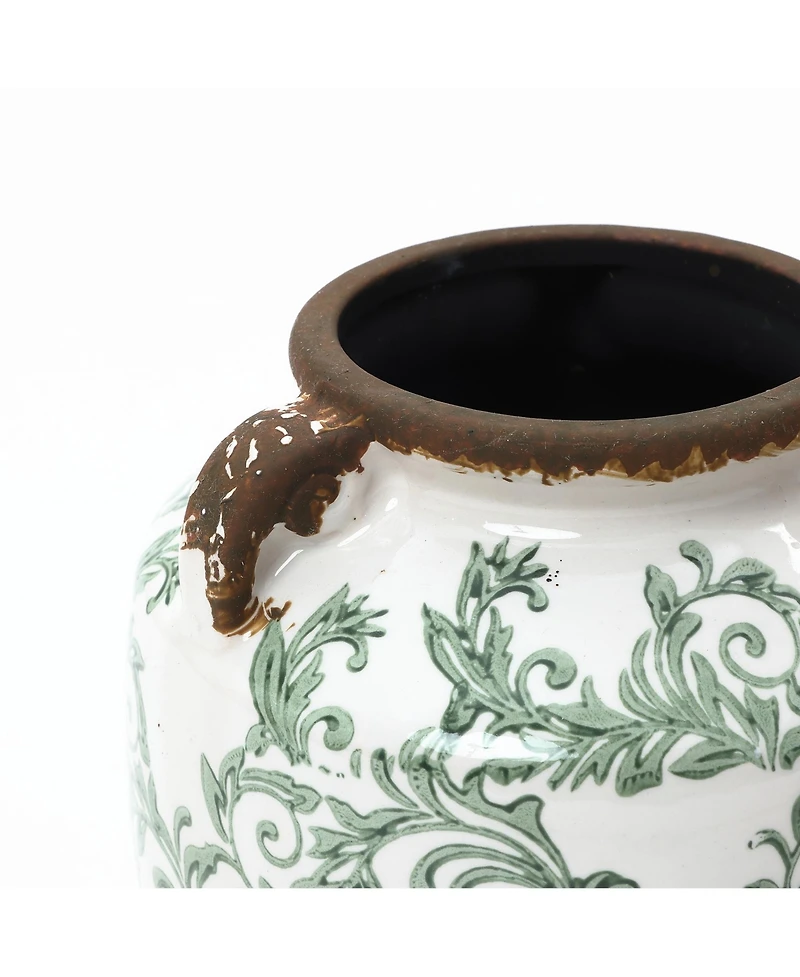 LuxenHome Green Floral Wide-Mouth Waterproof Ceramic Vase, 7.28" Round Indoor Home Decor