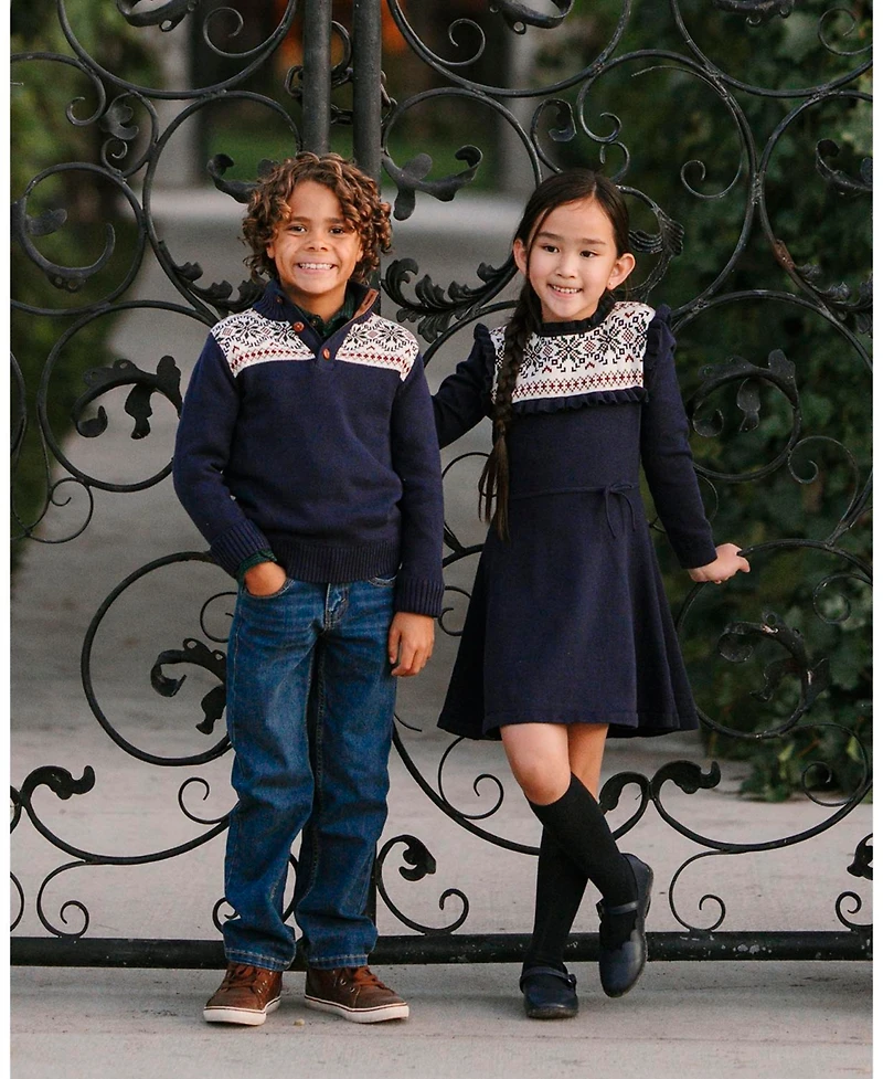Hope & Henry Toddler Girls Organic Ruffle Collar Fair Isle Yoke Sweater Dress