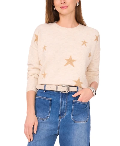 Vince Camuto Women's Cozy Crewneck Star-Print Dropped-Shoulder Sweater