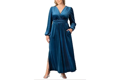 Kiyonna Plus Vivienne Long Sleeve Velvet Evening Gown with Pockets