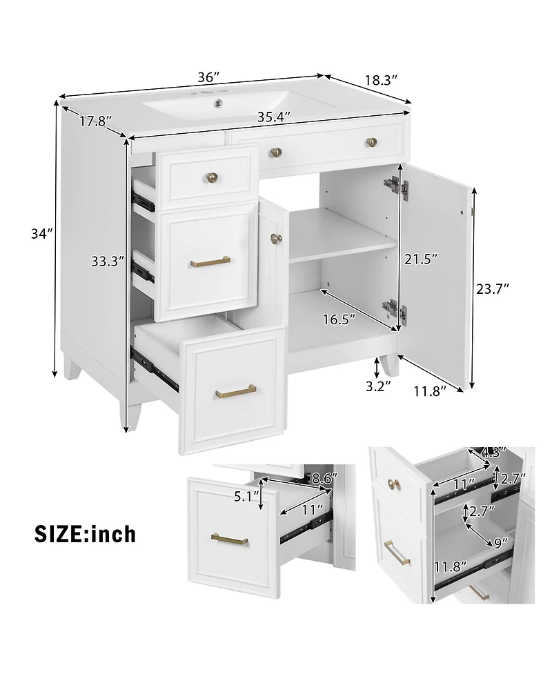 Airsurfer 36 Inch Bathroom Vanity with Ceramic Sink Adjustable Shelves Modern Storage Cabinet for Small and Medium Bathrooms