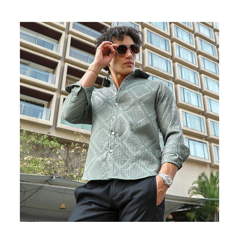 Campus Sutra Men's Sage Green Shard-Tactile Shirt