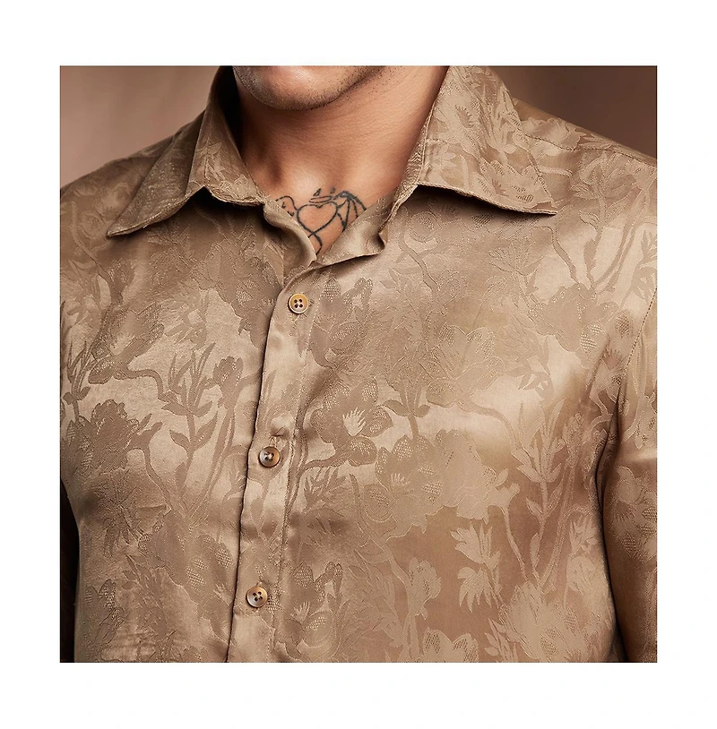 Campus Sutra Men's Peanut Brown Flora-Textured Shirt
