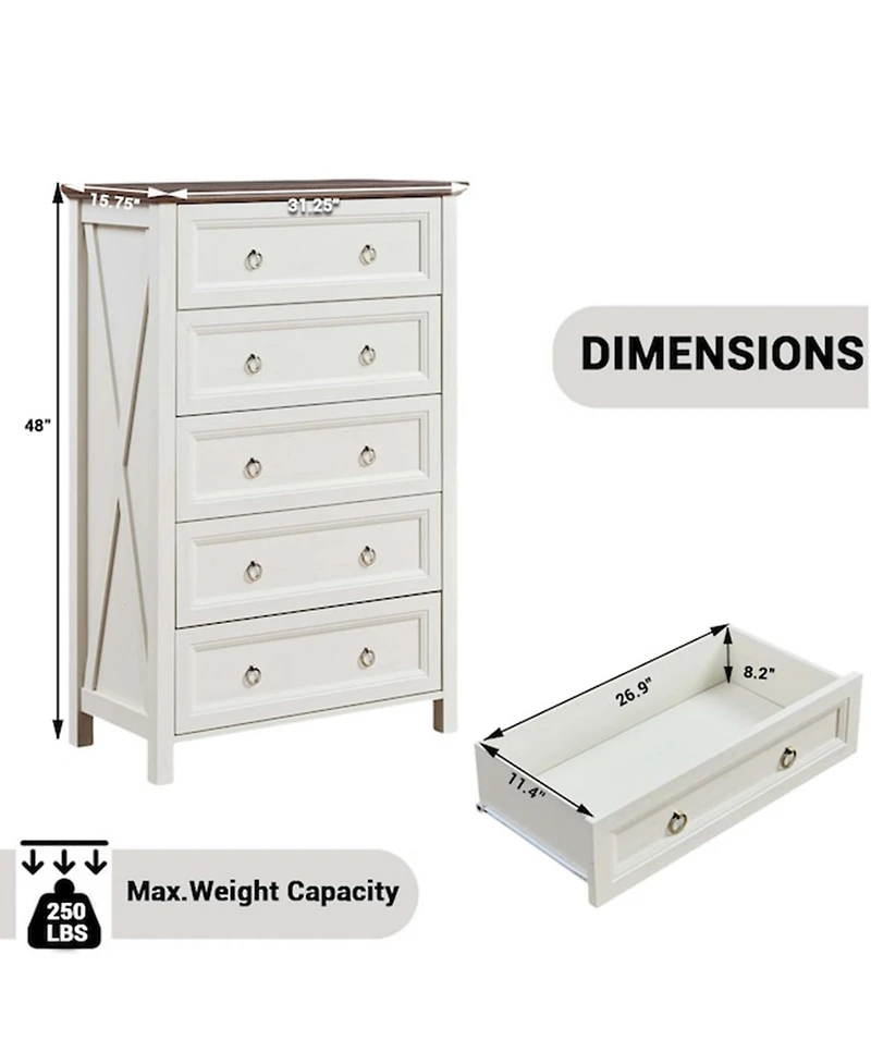 Airsurfer 5 Drawers Dresser Chest for Bedroom Wood Rustic Tall Chest of Drawers Organizer for Bedroom Living Room and Hallway