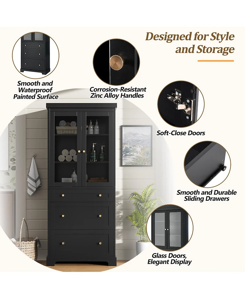 Airsurfer 70.1" Modern Tall Freestanding Bathroom Cabinet with 3 Drawers, 2 Adjustable Shelves, Soft-Close Glass Doors, Storage Cabinet for Bathr
