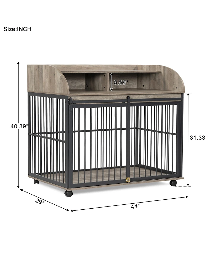 Airsurfer 44 Inch Heavy Duty Large Dog Crate Furniture Wooden Dog Kennel with Lockable Wheels End Table Crate Double Layer Storage Gray
