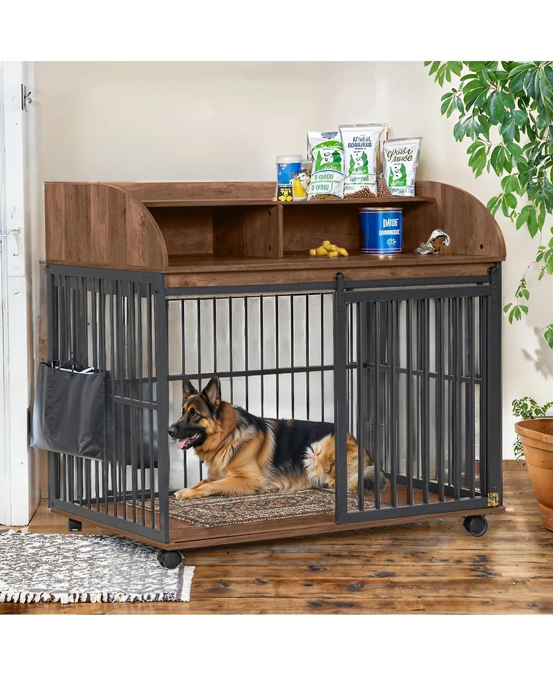 44 Inch Heavy Duty Large Dog Crate Furniture Wooden Dog Kennel End Table Crate with Lockable Wheels and Double Layer Storage Brown