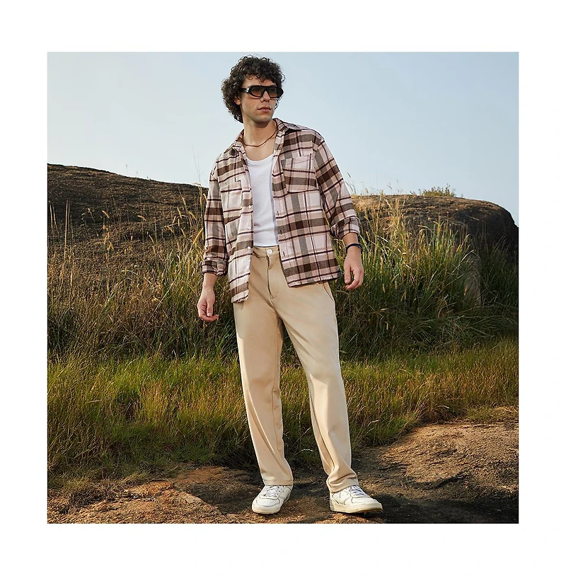 Campus Sutra Men's Saltbox Beige & Pecan Brown Tartan Utility Shacket