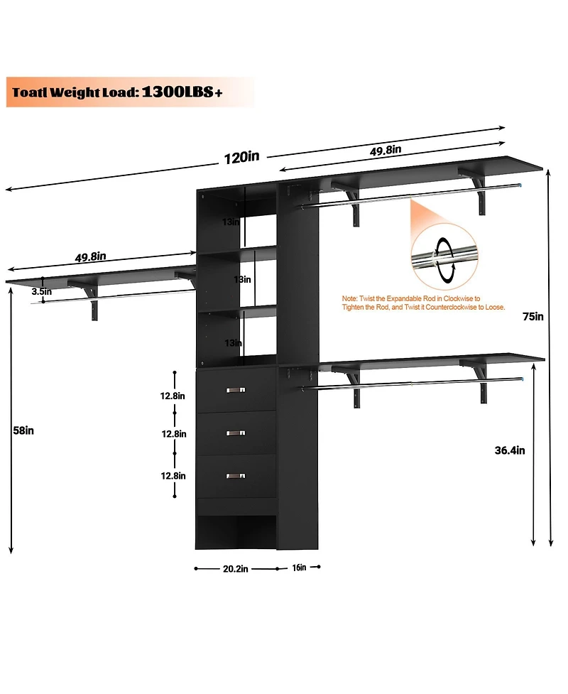 120'' Heavy Duty Closet Organizer System with 3 Wooden Drawers, 10FT Walk-in Shelving Towers