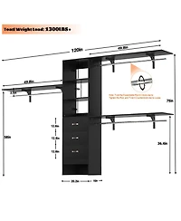120'' Heavy Duty Closet Organizer System with 3 Wooden Drawers, 10FT Walk-in Shelving Towers