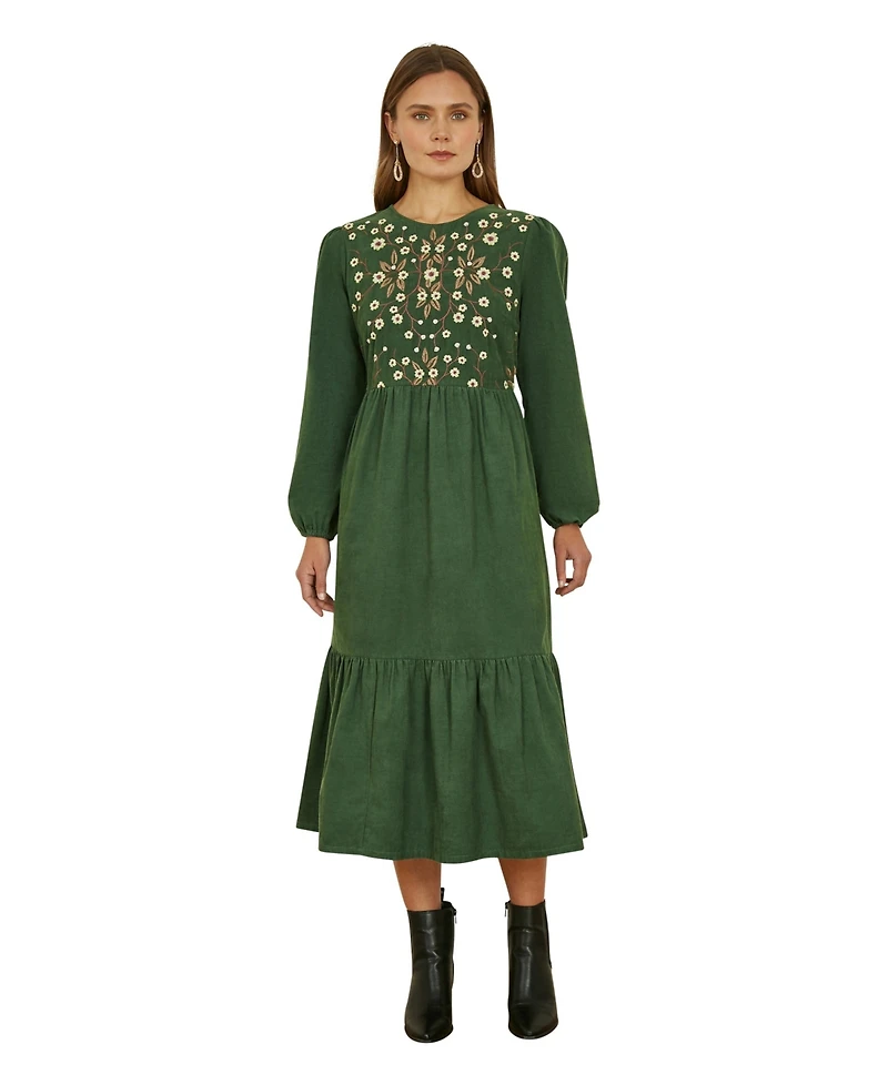 Yumi Women's Long Sleeve Embroidered Midi Dress