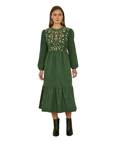 Yumi Women's Long Sleeve Embroidered Midi Dress