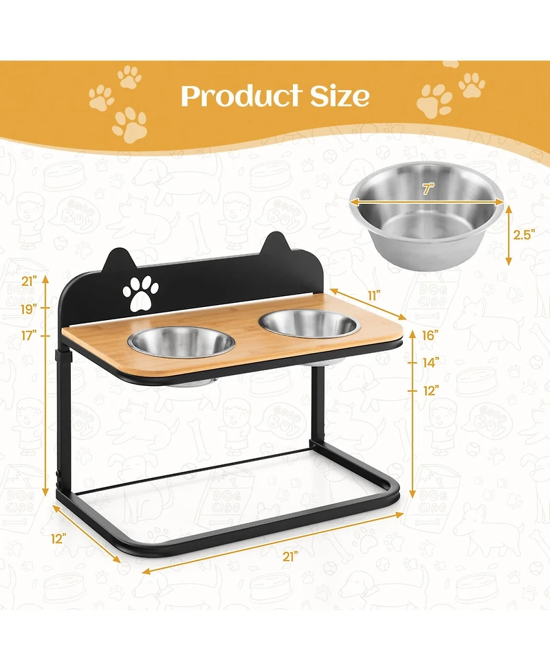 Gymax Elevated Dog Bowls 3 Adjustable Heights with 2 Stainless Steel Food Water Bowls