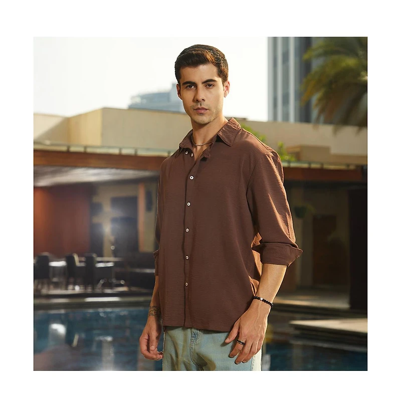 Campus Sutra Men's Chocolate Brown Breezy Wrinked Shirt