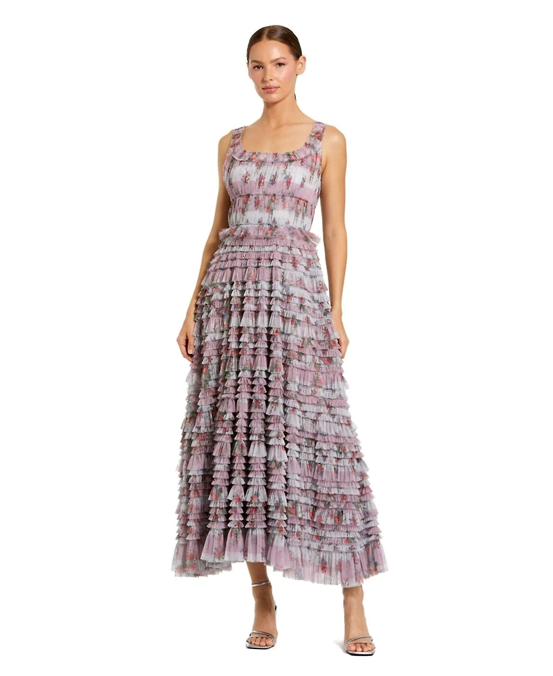 Mac Duggal Women's Sleeveless Floral Midi Dress with Tiered Ruffles
