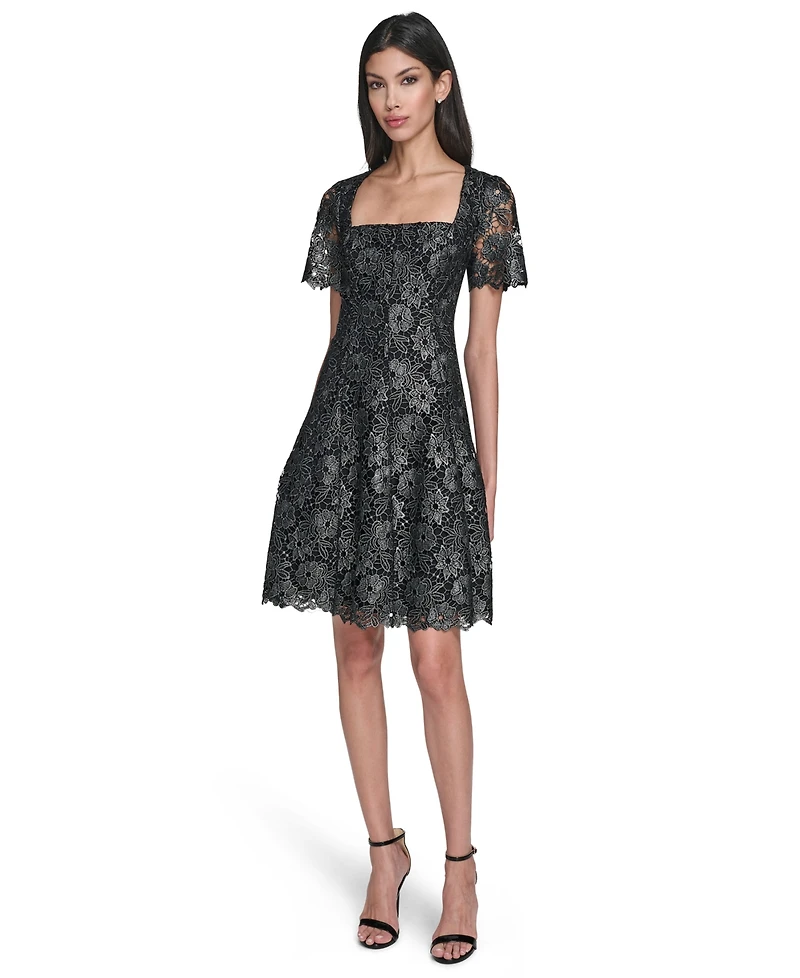 Eliza J Petite Square Neck Lace Fit and Flare Dress