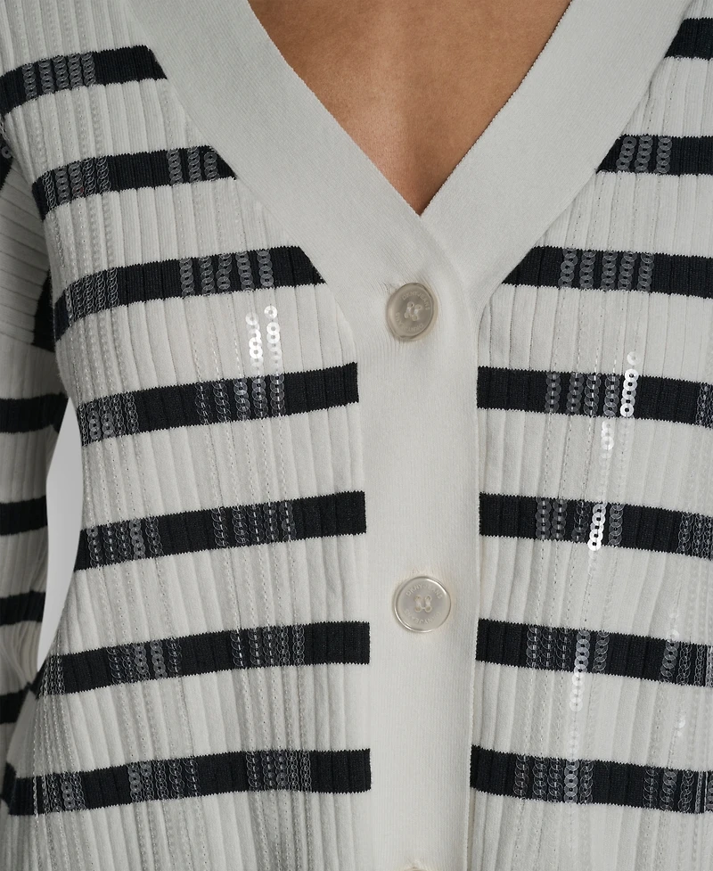 Dkny Jeans Women's Striped Cropped Long-Sleeve Cardigan Sweater