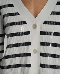Dkny Jeans Women's Striped Cropped Long-Sleeve Cardigan Sweater