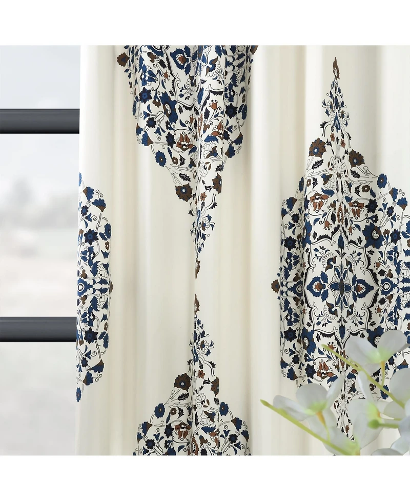 Half Price Drapes Kerala Blue Emblem Printed Cotton Room Darkening Curtain