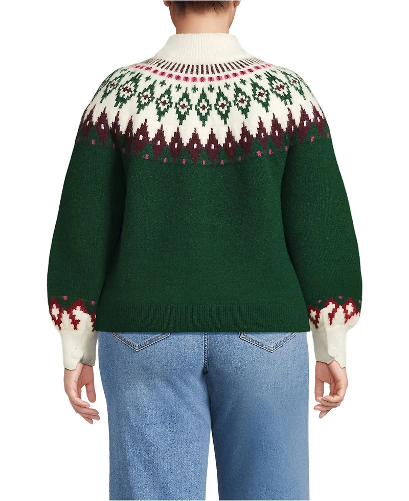 Lands' End Plus Fuzzy Turtleneck Lantern Sleeve Jacquard Sweater