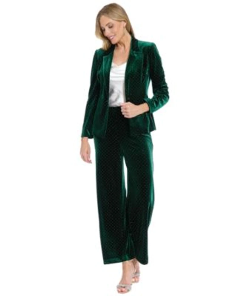 Muse Womens Velvet Embellished Notch Collared Blazer Jacket Clean Waistline Velvet Straight Leg Pants