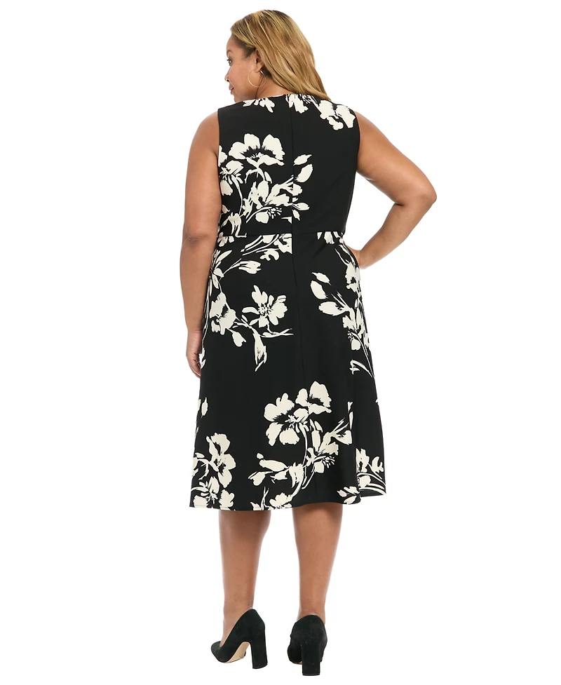 London Times Plus Size Floral Print Sleeveless Midi Dress