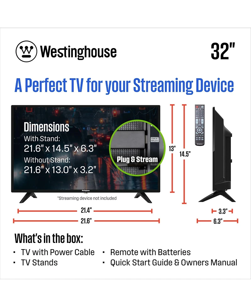 Westinghouse 32" Hd Led Non-Smart Tv – Flat Screen with Hdmi, Usb, Vga & V-Chip Parental Controls, Works with Fire Stick, Roku, Apple Tv
