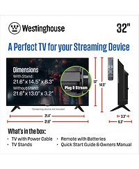 Westinghouse 32" Hd Led Non-Smart Tv – Flat Screen with Hdmi, Usb, Vga & V-Chip Parental Controls, Works with Fire Stick, Roku, Apple Tv