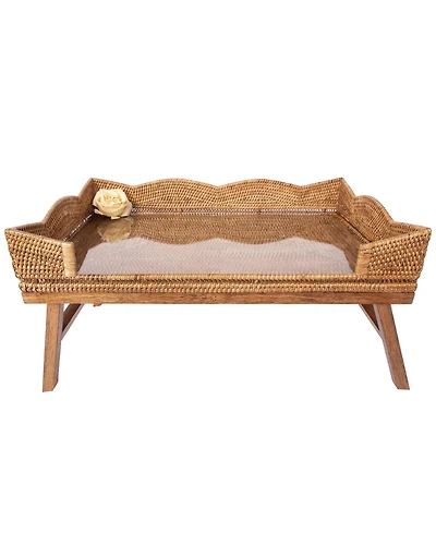 Artifacts Trading Company Rattan Scallop Design Breakfast Tray with Wooden Legs & Glass Insert