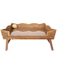 Artifacts Trading Company Rattan Scallop Design Breakfast Tray with Wooden Legs & Glass Insert