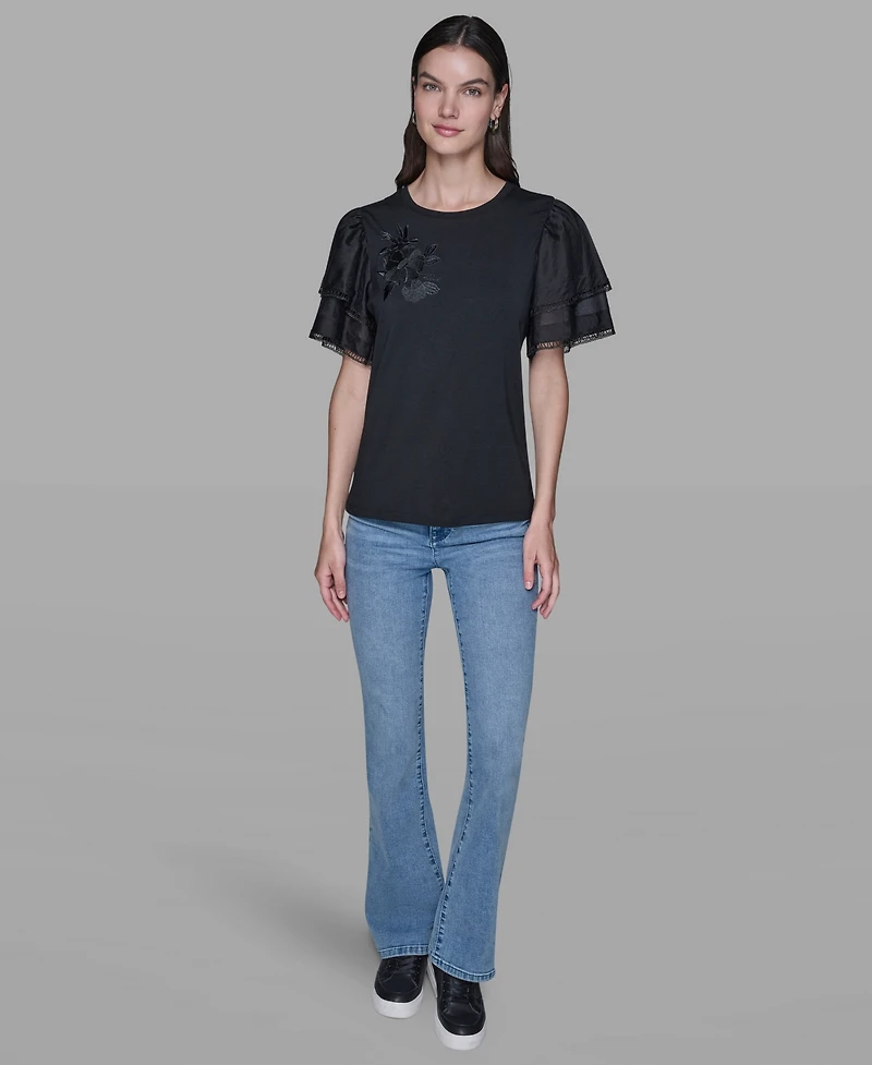 Karl Lagerfeld Paris Women's Ruffled Crewneck Floral Top