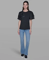 Karl Lagerfeld Paris Women's Ruffled Crewneck Floral Top