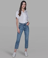 Karl Lagerfeld Paris Women's Embellished Mid Rise Ankle Jeans