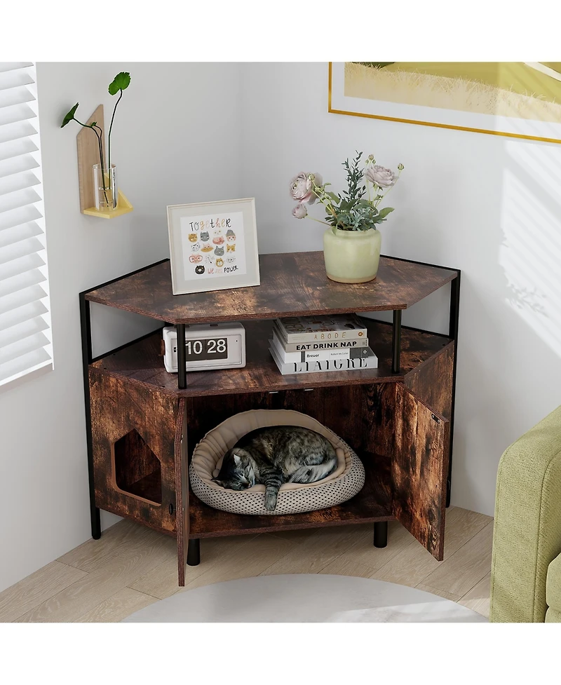 Gymax Corner Cat Litter Box Enclosure End Table w/ Open Shelf 2 Entries Double Doors
